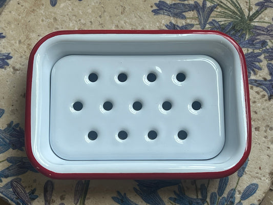 2 Part Red and White Enamel Soap Dish